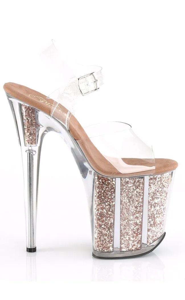 FLAMINGO-808G Clear & Rose Gold Glitter Platform Heels