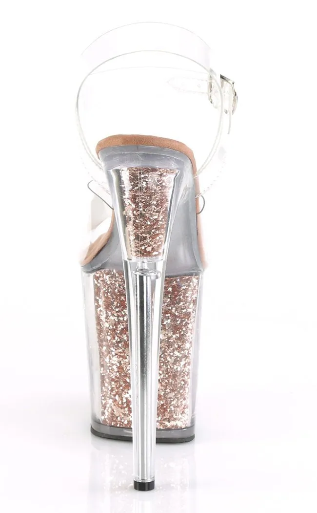 FLAMINGO-808G Clear & Rose Gold Glitter Platform Heels