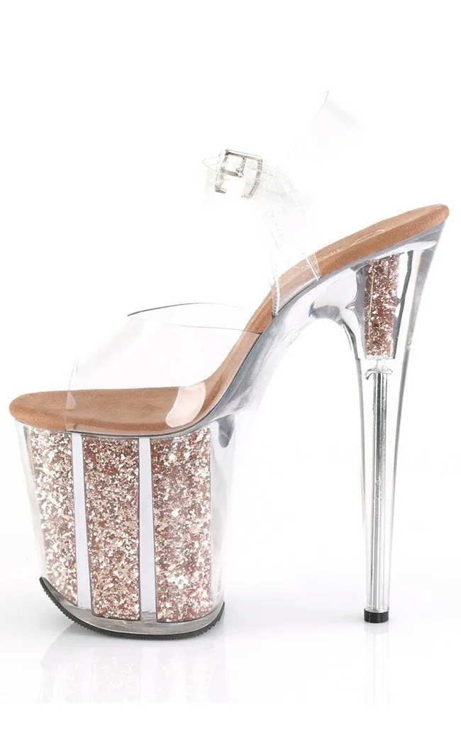 FLAMINGO-808G Clear & Rose Gold Glitter Platform Heels