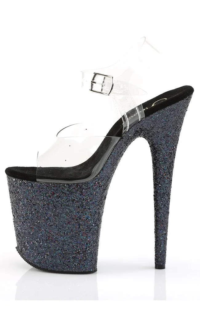 FLAMINGO-808LG Clear & Black Glitter Platform Heels