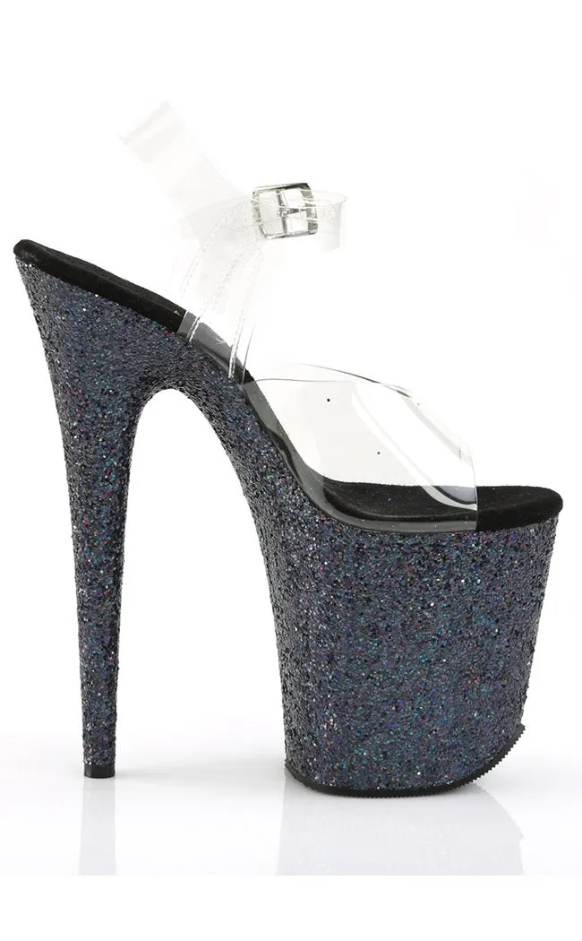 FLAMINGO-808LG Clear & Black Glitter Platform Heels