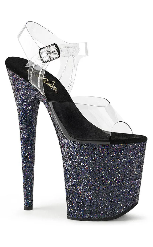 FLAMINGO-808LG Clear & Black Glitter Platform Heels