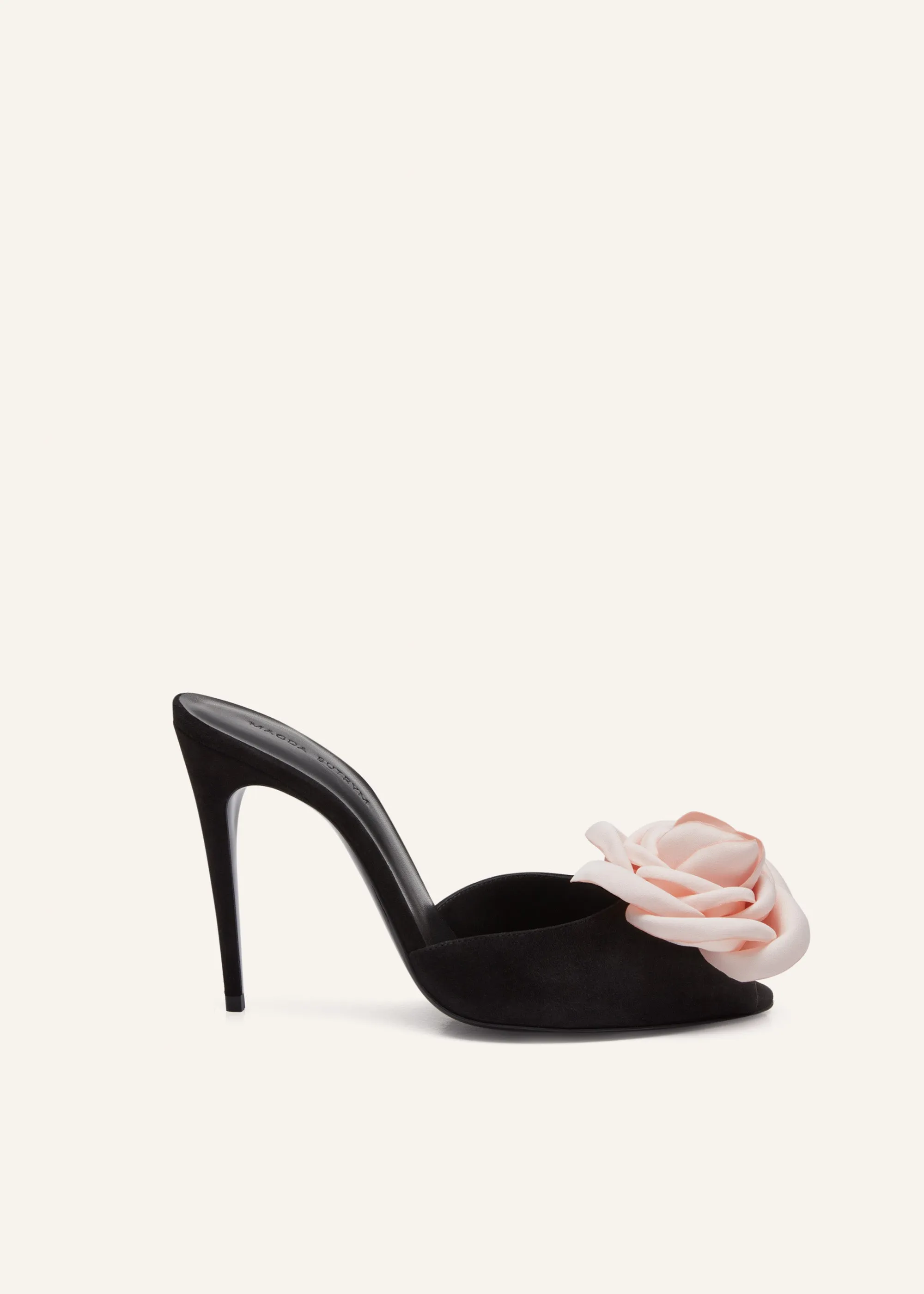 Flower peep toe mules in black suede