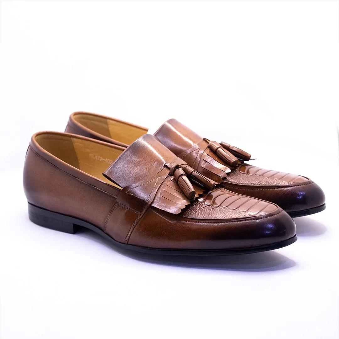 Gian Elegant Croc, Fringe And Tassel Designed Wet Tip Shoe - Brown