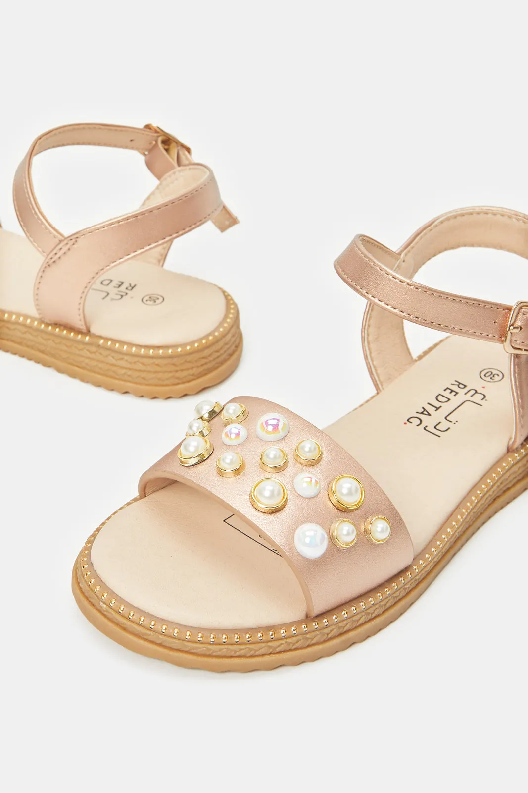 Girls Tan Pearl Embellished Sandals