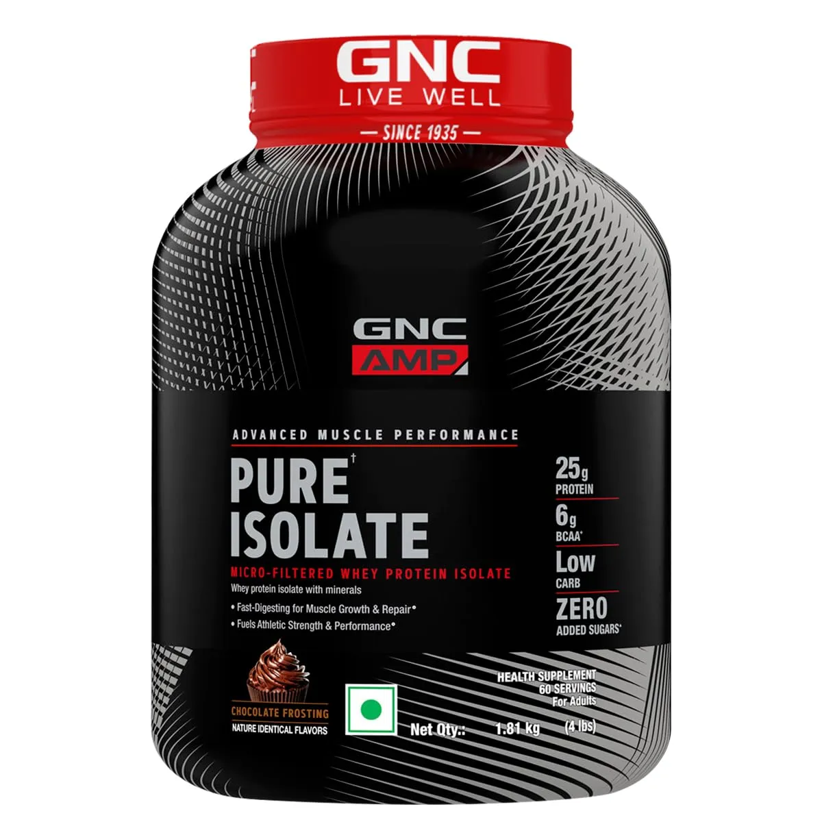 GNC AMP Pure Isolate | 4 lbs | Boosts Performance | Increases Strength & Muscles | DigeZyme® For Easy Digestion | Informed Choice Certified | 25g Protein | 5g BCAA | Chocolate Frosting