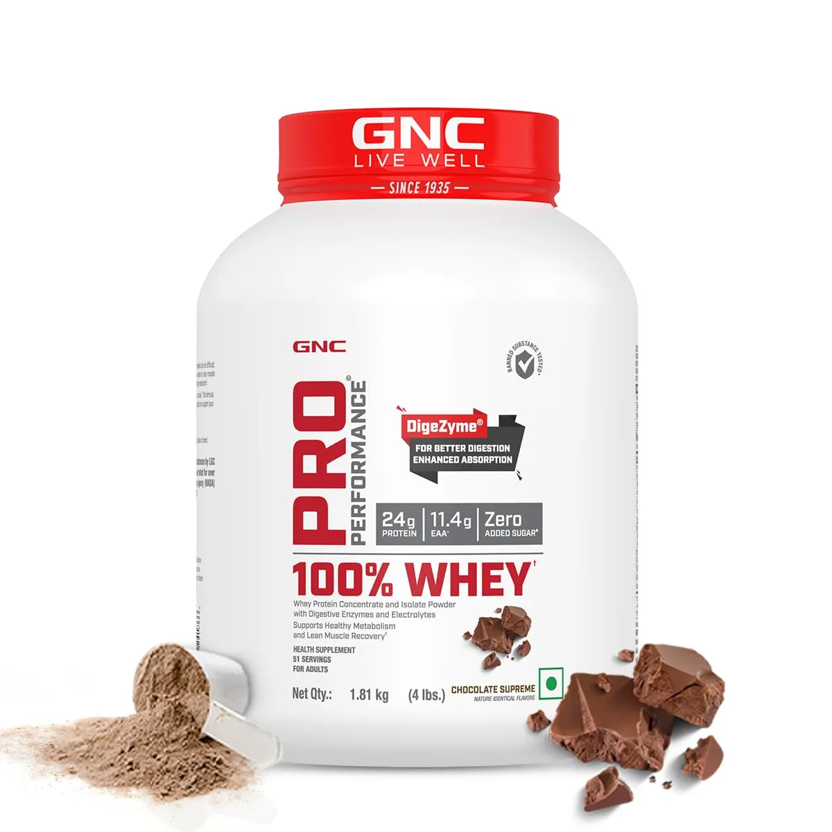 GNC Pro Performance 100% Whey Protein Powder | Boosts Strength & Endurance | Builds Lean Muscles | Fastens Muscle Recovery | Formulated In USA | 24g Protein | 5.5g BCAA | Chocolate Supreme | 4 lbs