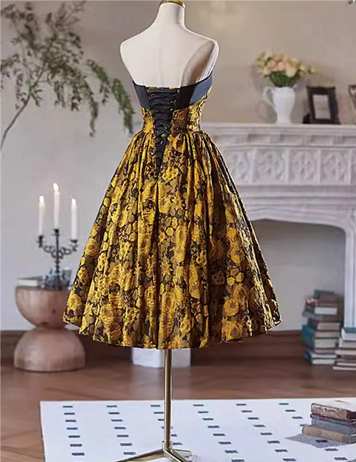 Gold Satin Floral Knee Length Homecoming Dress, Gold Satin Short Prom Dress