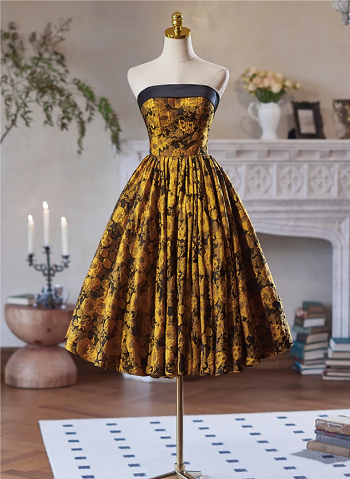 Gold Satin Floral Knee Length Homecoming Dress, Gold Satin Short Prom Dress