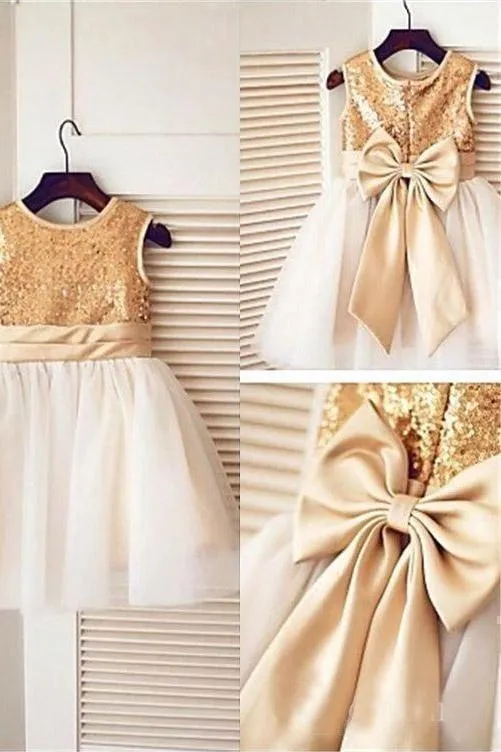 Golden Sequin Cute Tulle Flower Girl Dresses with Bow-knot on the Back UF067