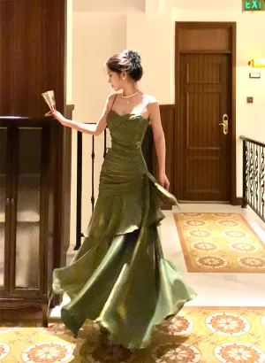 Green Mermaid Straps Long Satin Party Dress, Green Satin Evening Dress Prom Dress