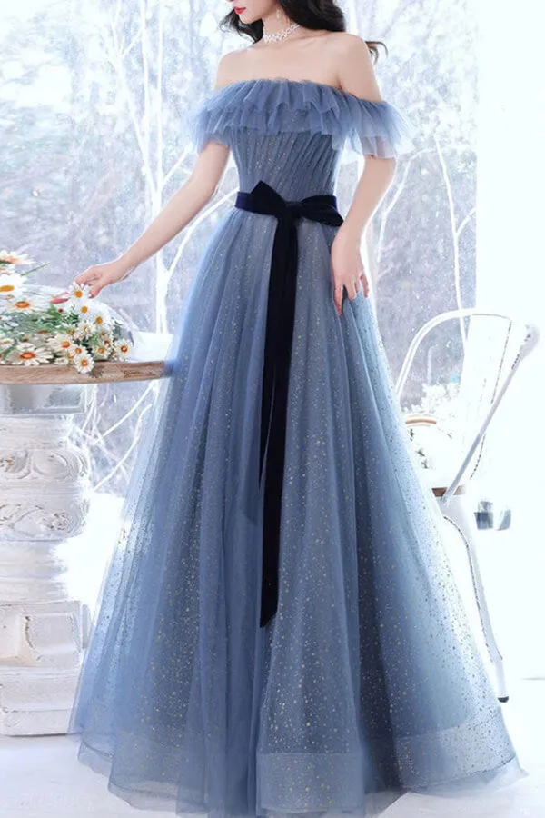 Grey Blue Tulle A-line Off Shoulder Prom Dresses, Long Formal Dress,fancy dresses