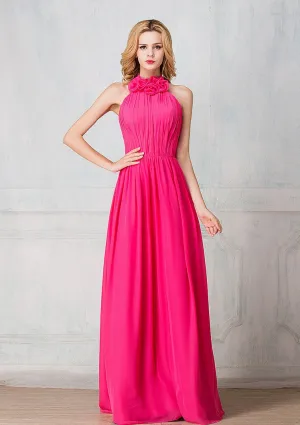 Haltered full-length chiffon long prom dress