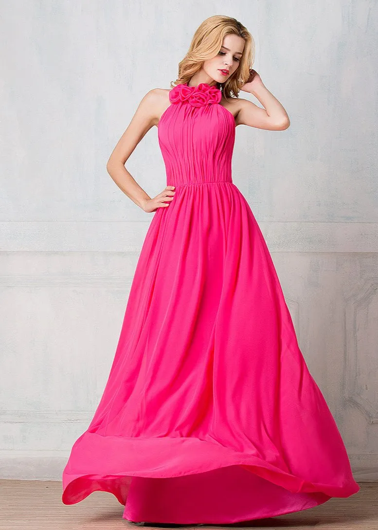 Haltered full-length chiffon long prom dress