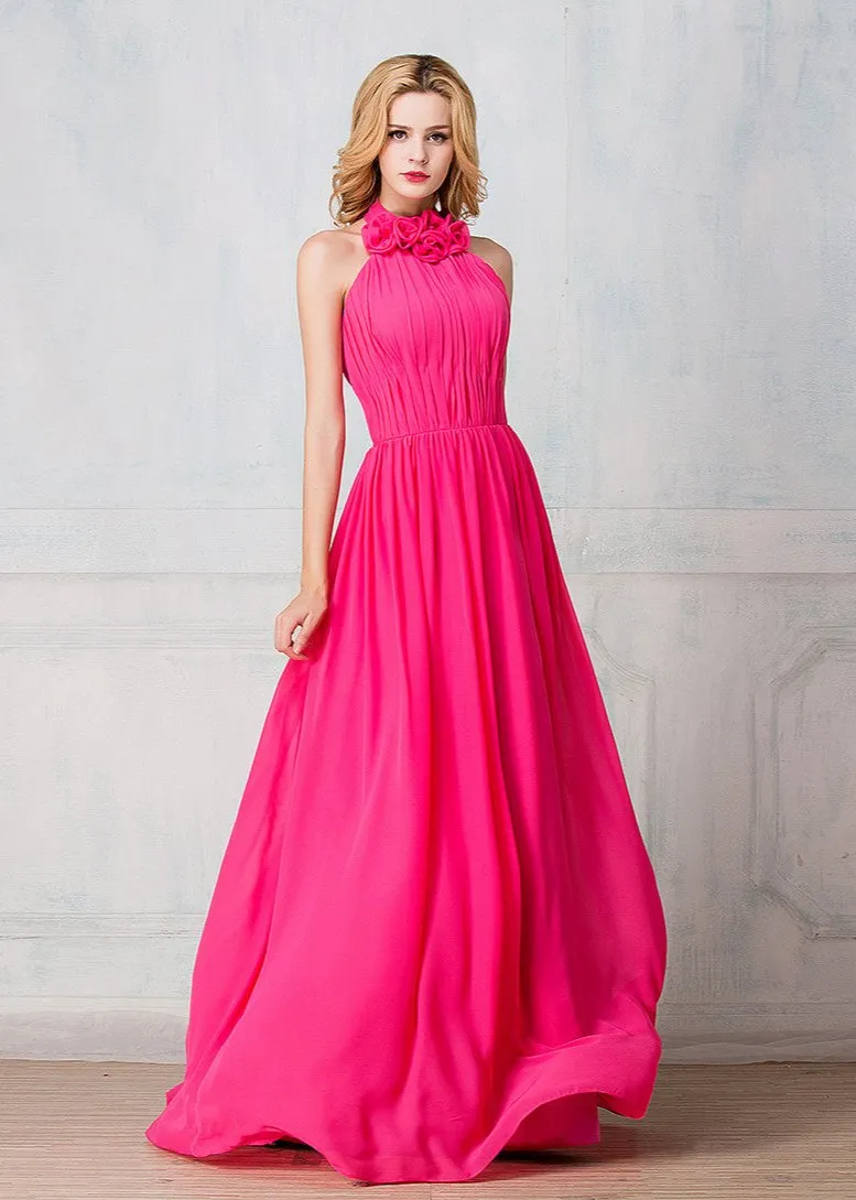 Haltered full-length chiffon long prom dress