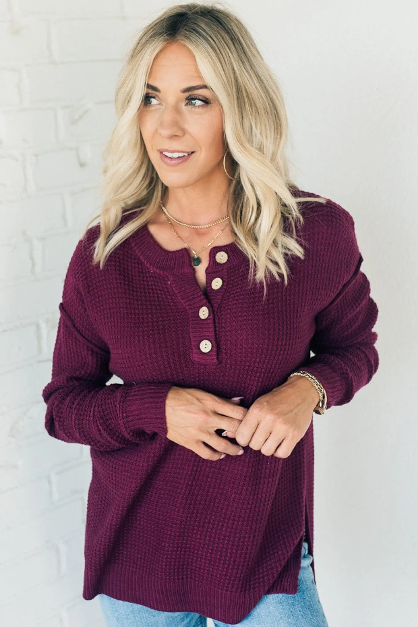 Henley Waffle Knit Sweater