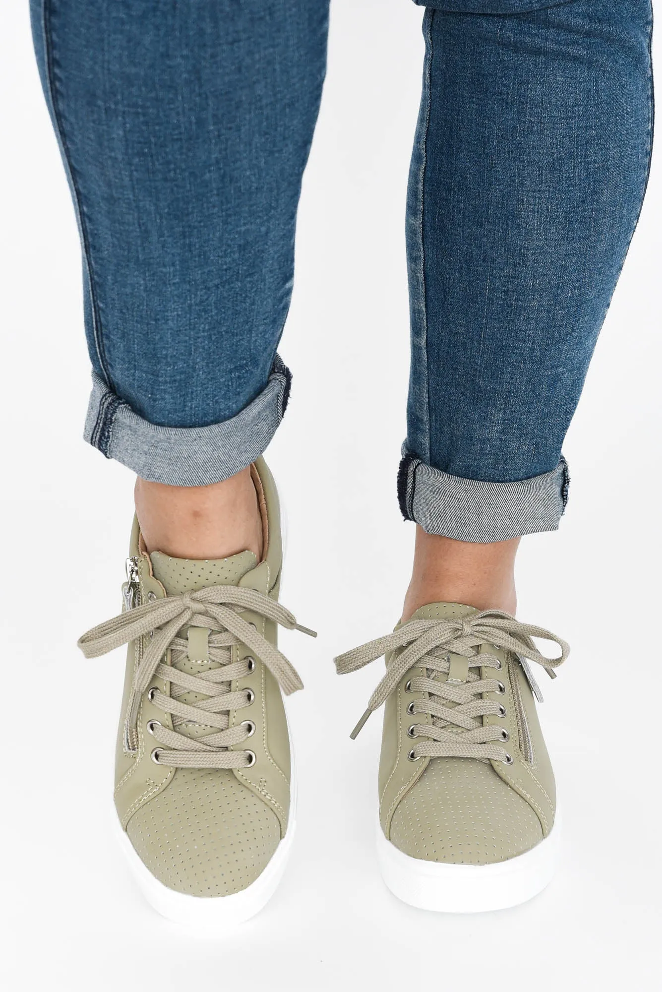 Kiki Khaki Leather Zip Sneaker