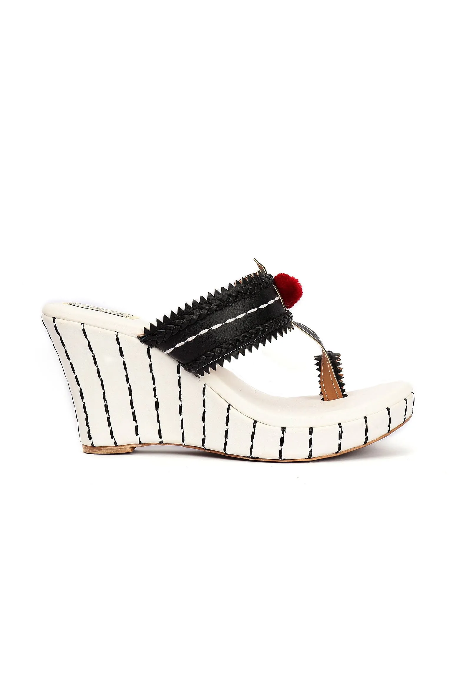 Lohini White & Black Fringed Kolhapuri One Toe Wedges