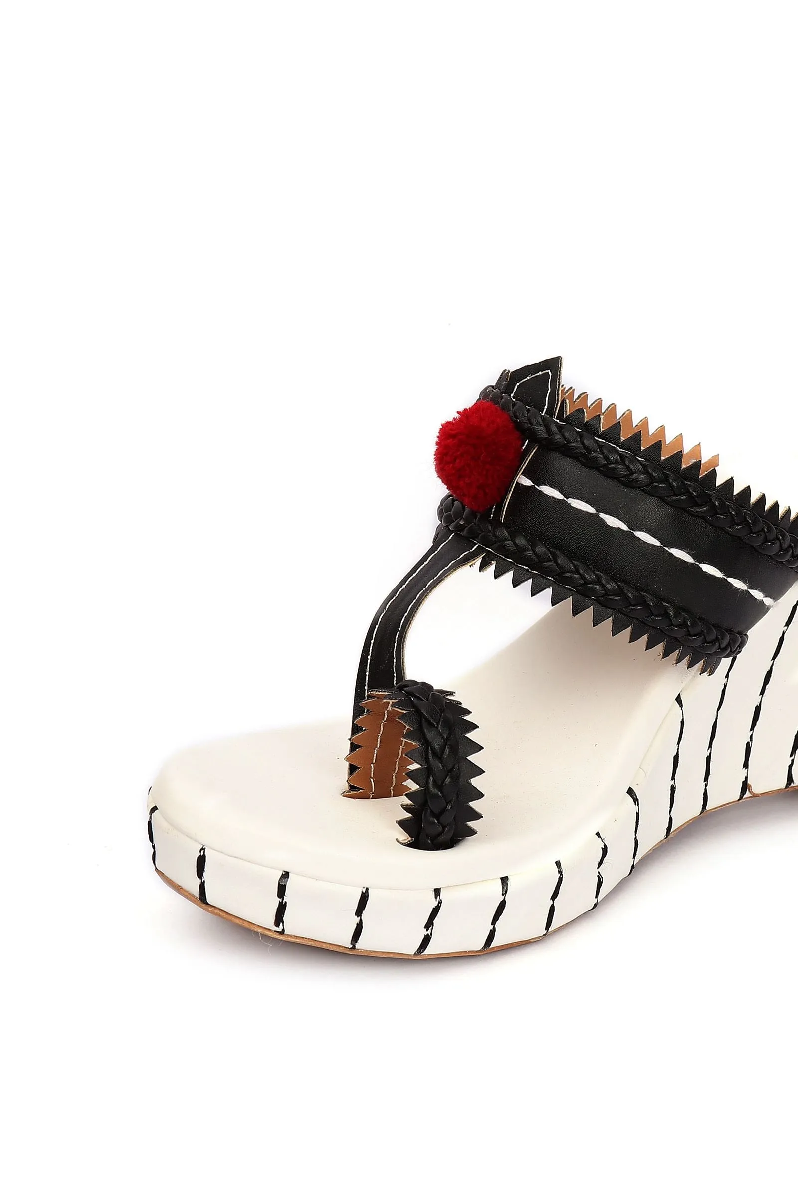 Lohini White & Black Fringed Kolhapuri One Toe Wedges