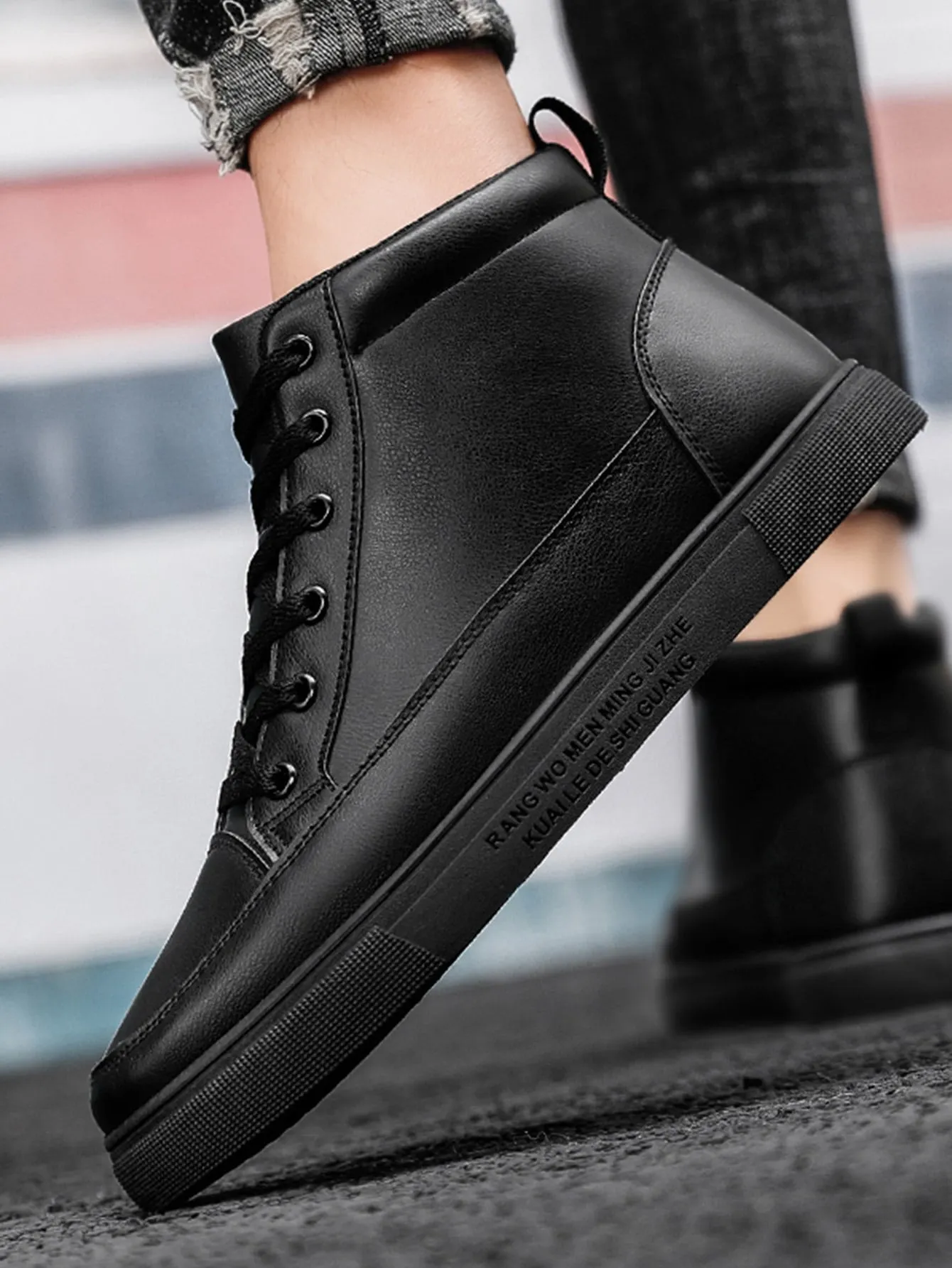 Men Black Lace-up Front Sneakers, High Top Round Toe Skate Shoes