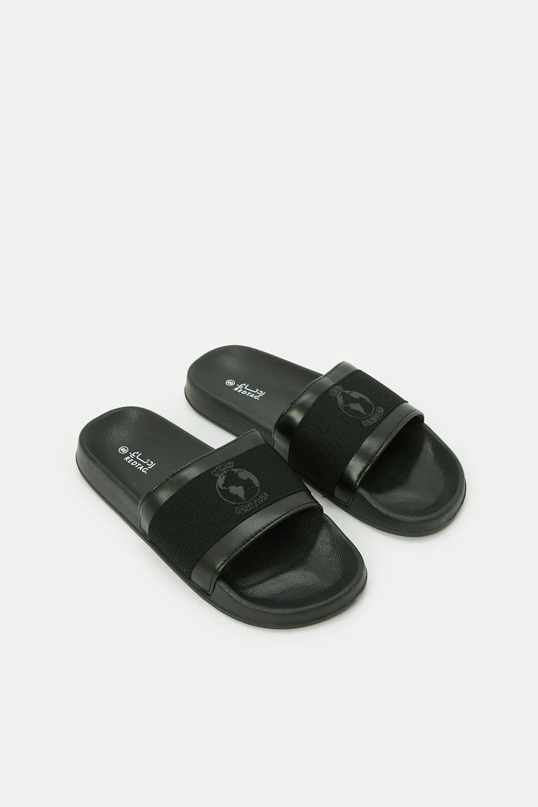 Men Black Slogan Embossed Slide