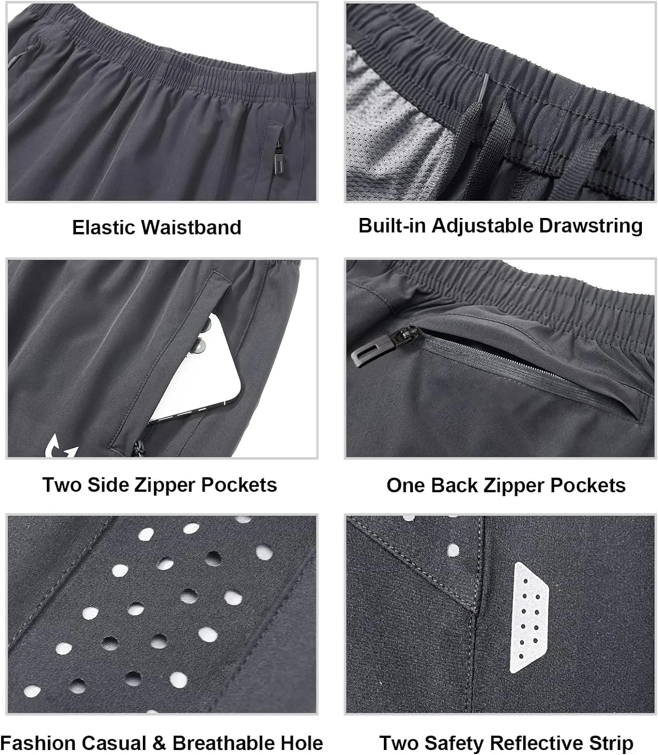 Men's 5-Inch Workout Shorts with Zipper Pockets Reflective Strips