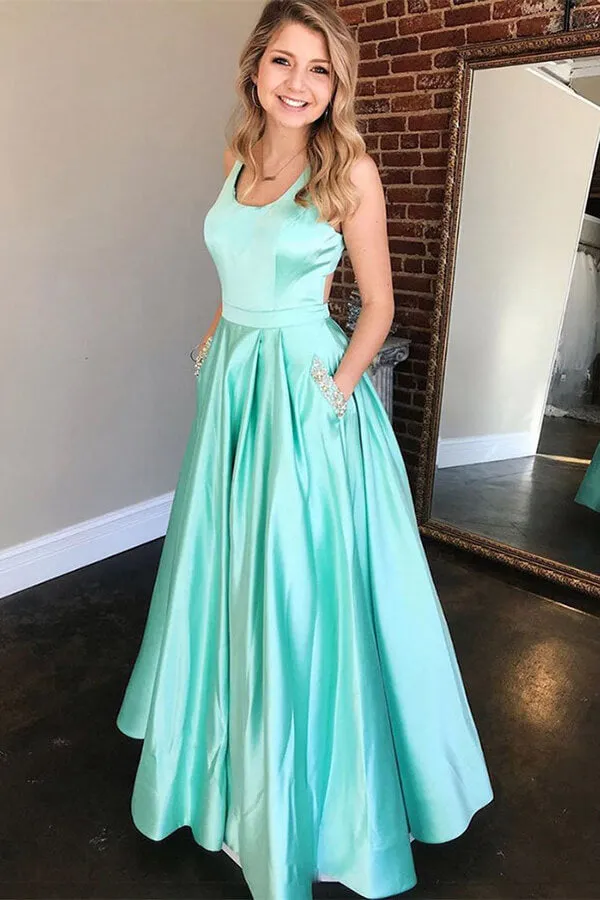 Mint Green Satin A-line Long Prom Dresses, Evening Dress With Pockets,party dress