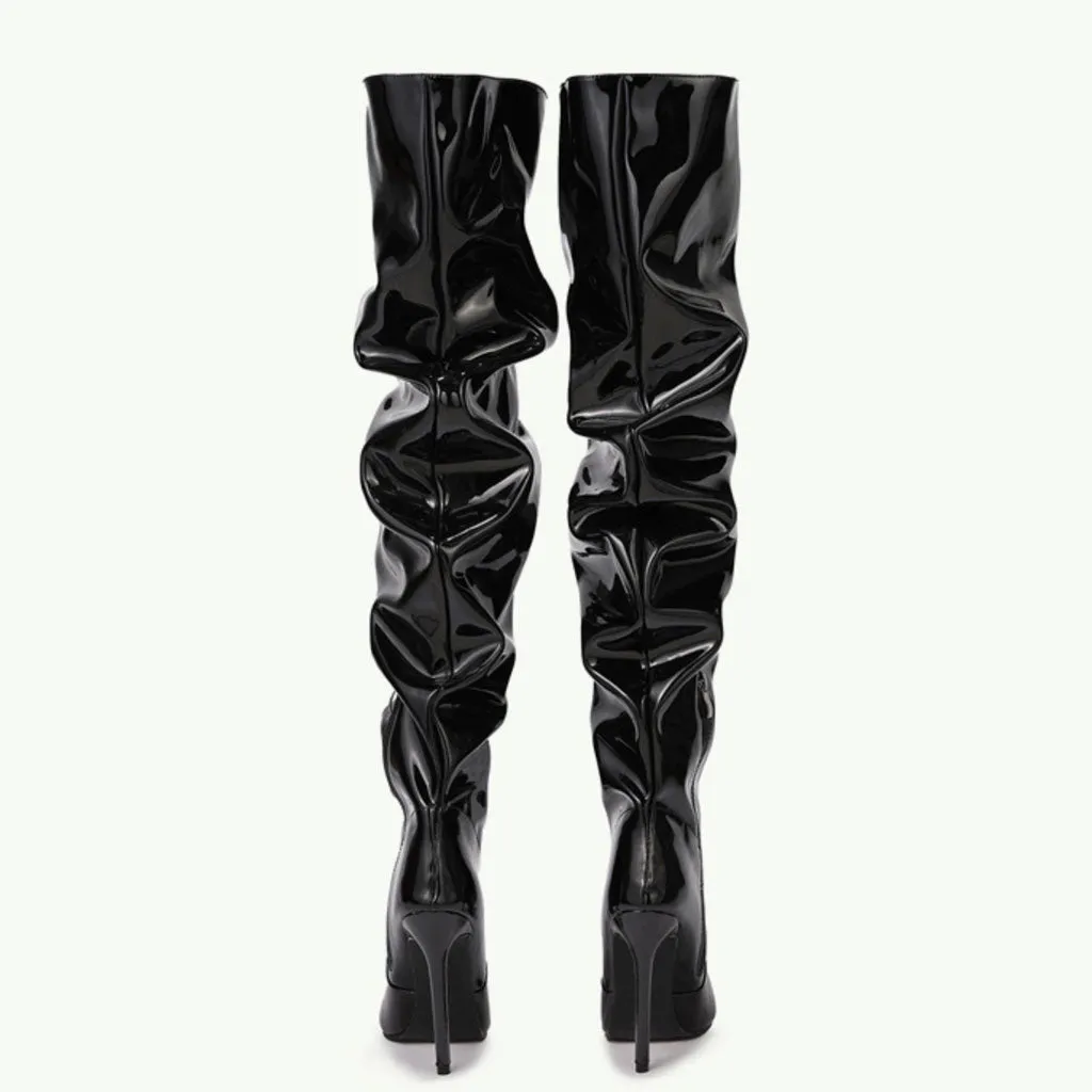 Modern Pointed Toe Stiletto Heel Leather Thigh High Boots - Black