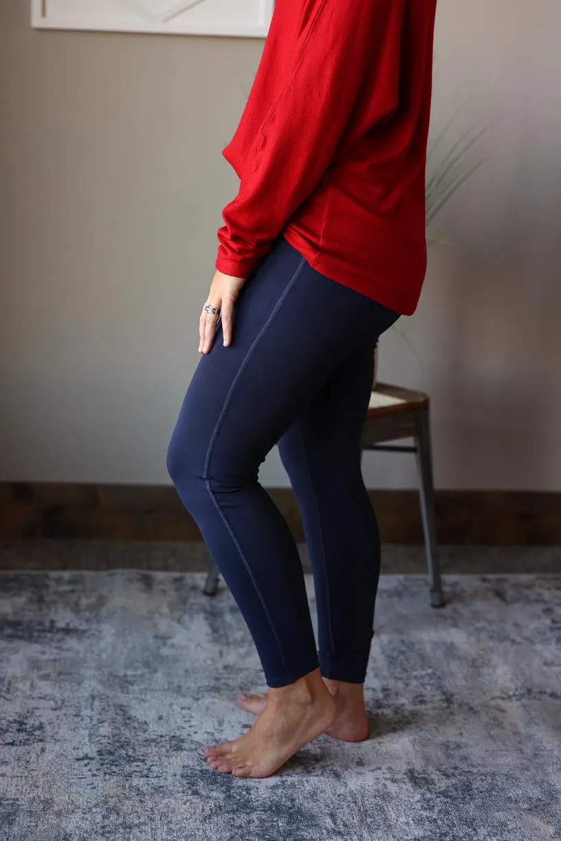 Navy Full Length High Waist Solid Athletic Style Leggings