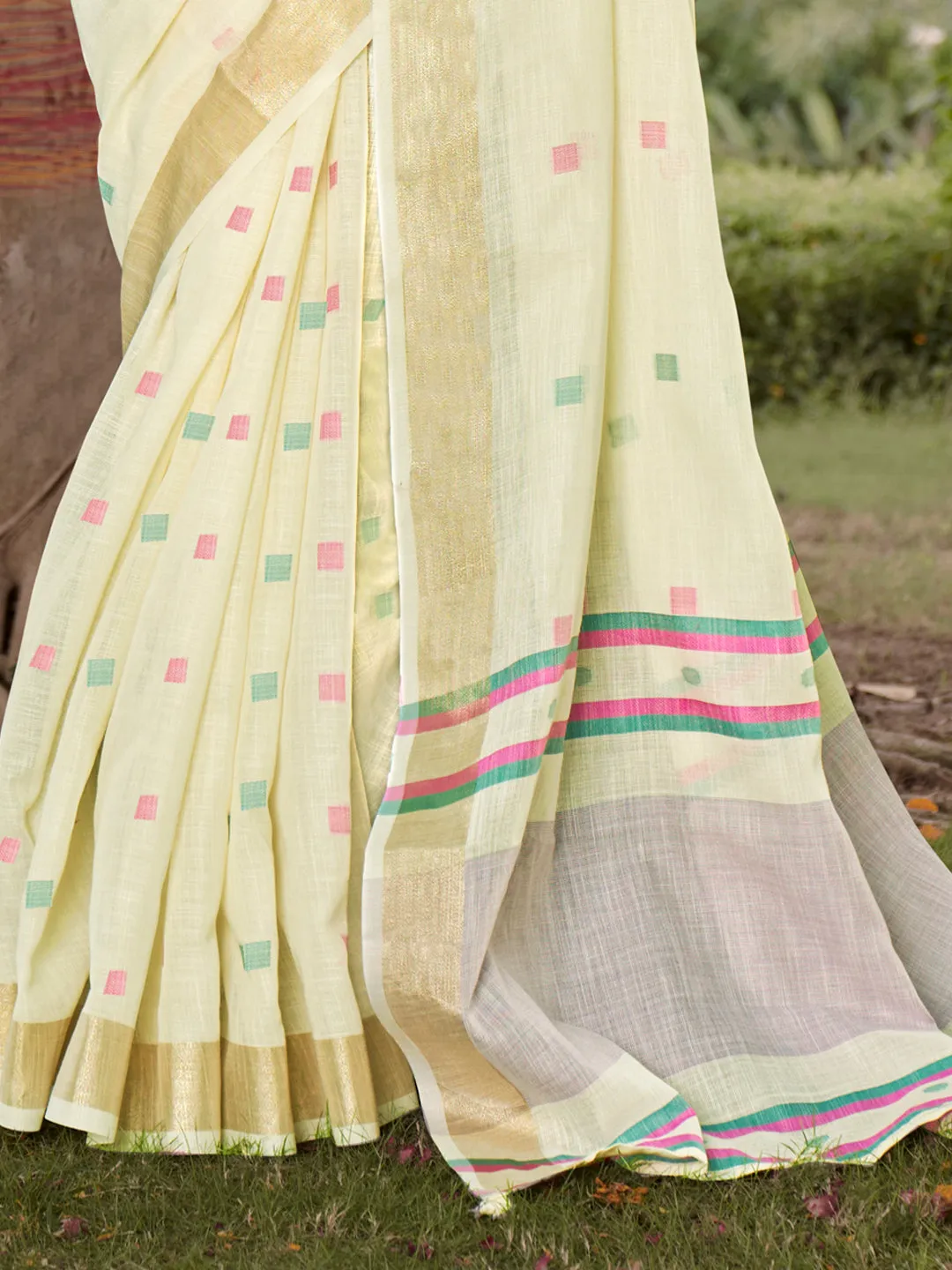 Off White Cotton Woven Work Party Wear Saree - Sangam Prints