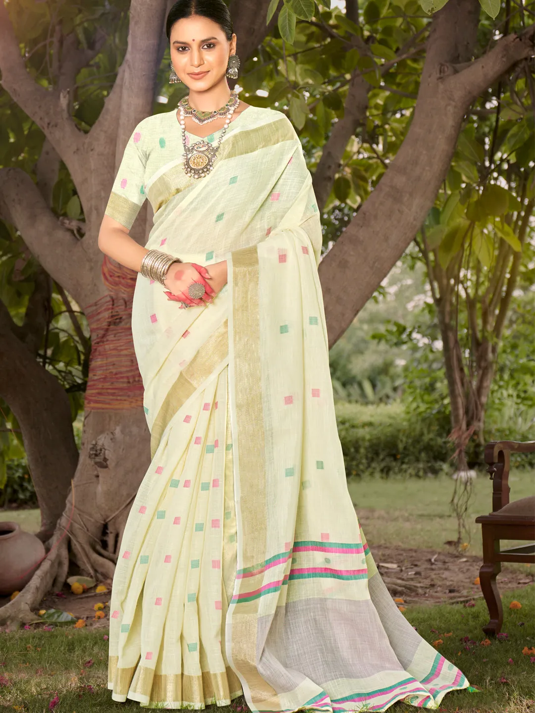 Off White Cotton Woven Work Party Wear Saree - Sangam Prints