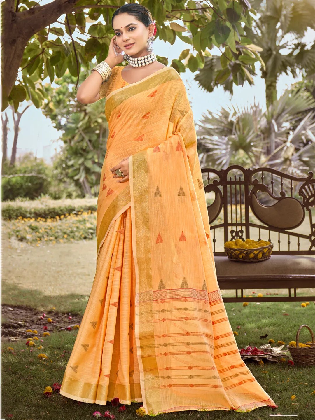 Orange Cotton Woven Work Party Wear Saree - Sangam Prints