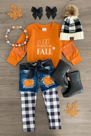 "Hello Fall" Orange Gingham Legging & Denim Short Set