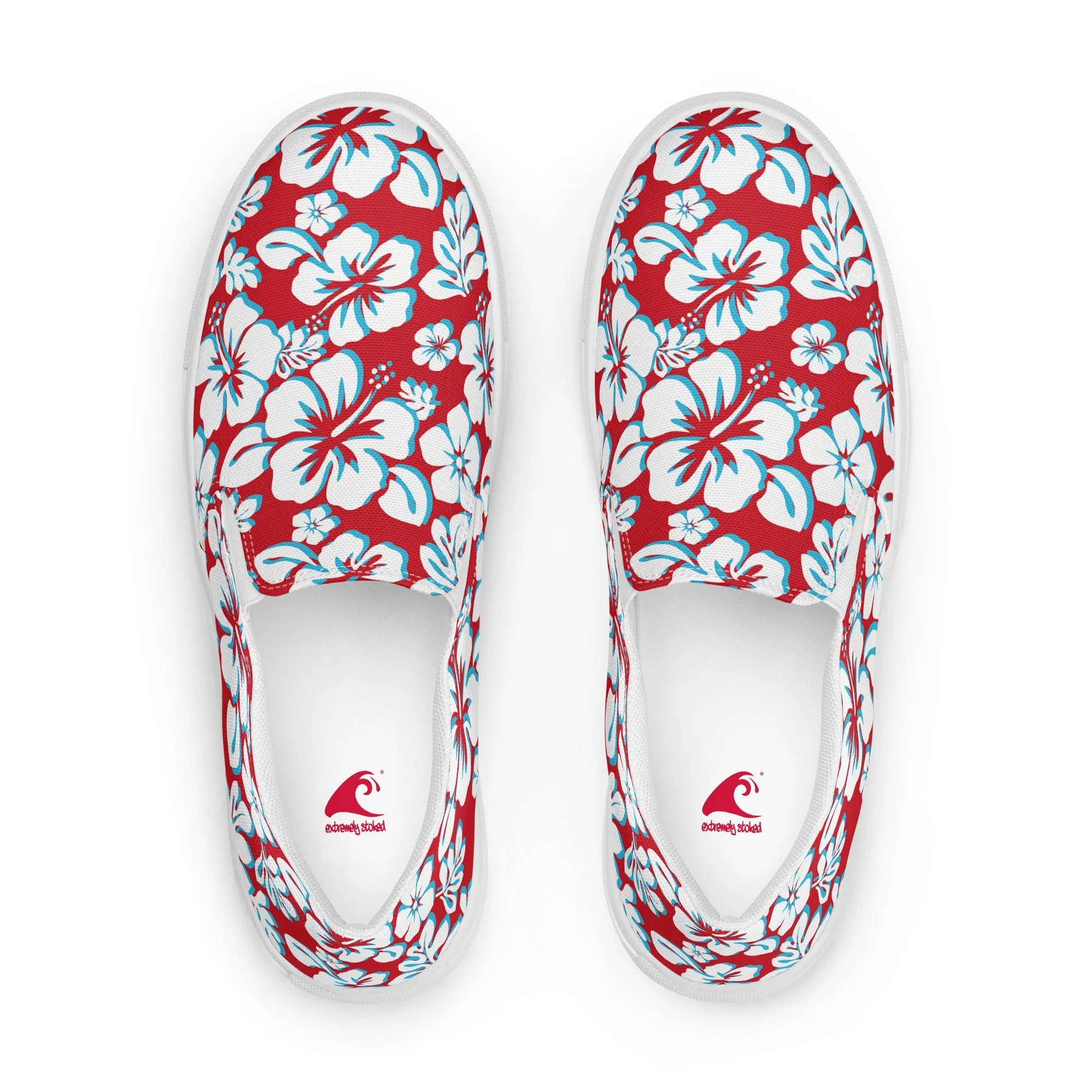 Red, Aqua Blue and White Hawaiian Flowers Men’s Slip On Canvas Shoes