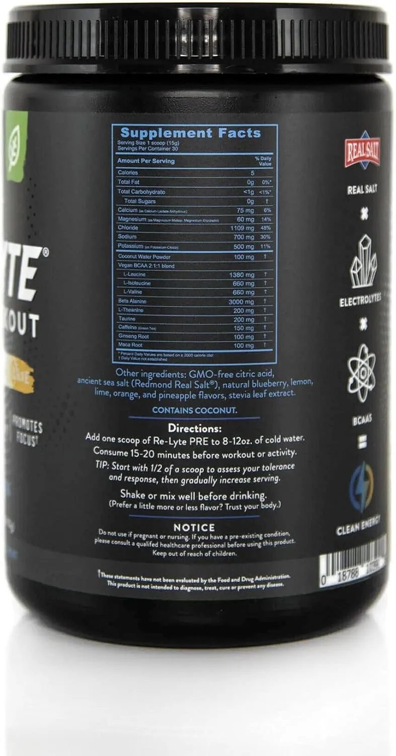 REDMOND, Re-Lyte Pre-Workout Drink Mix, Blueberry Lemonade, 15.87oz