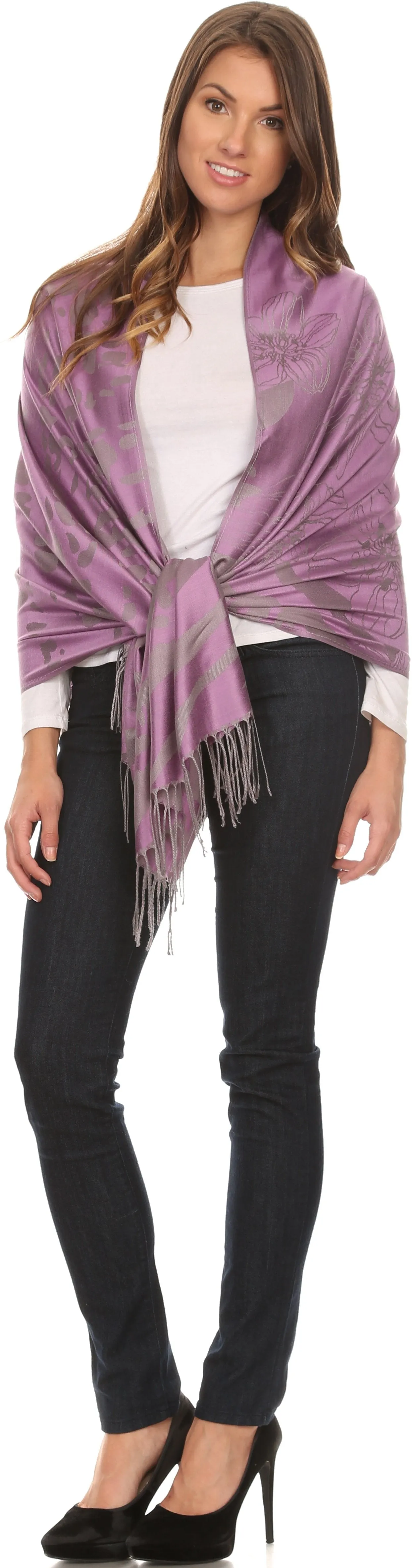 Sakkas Reiley Long Wide Floral Printed Patterened Fringe Pashmina Shawl / Scarf