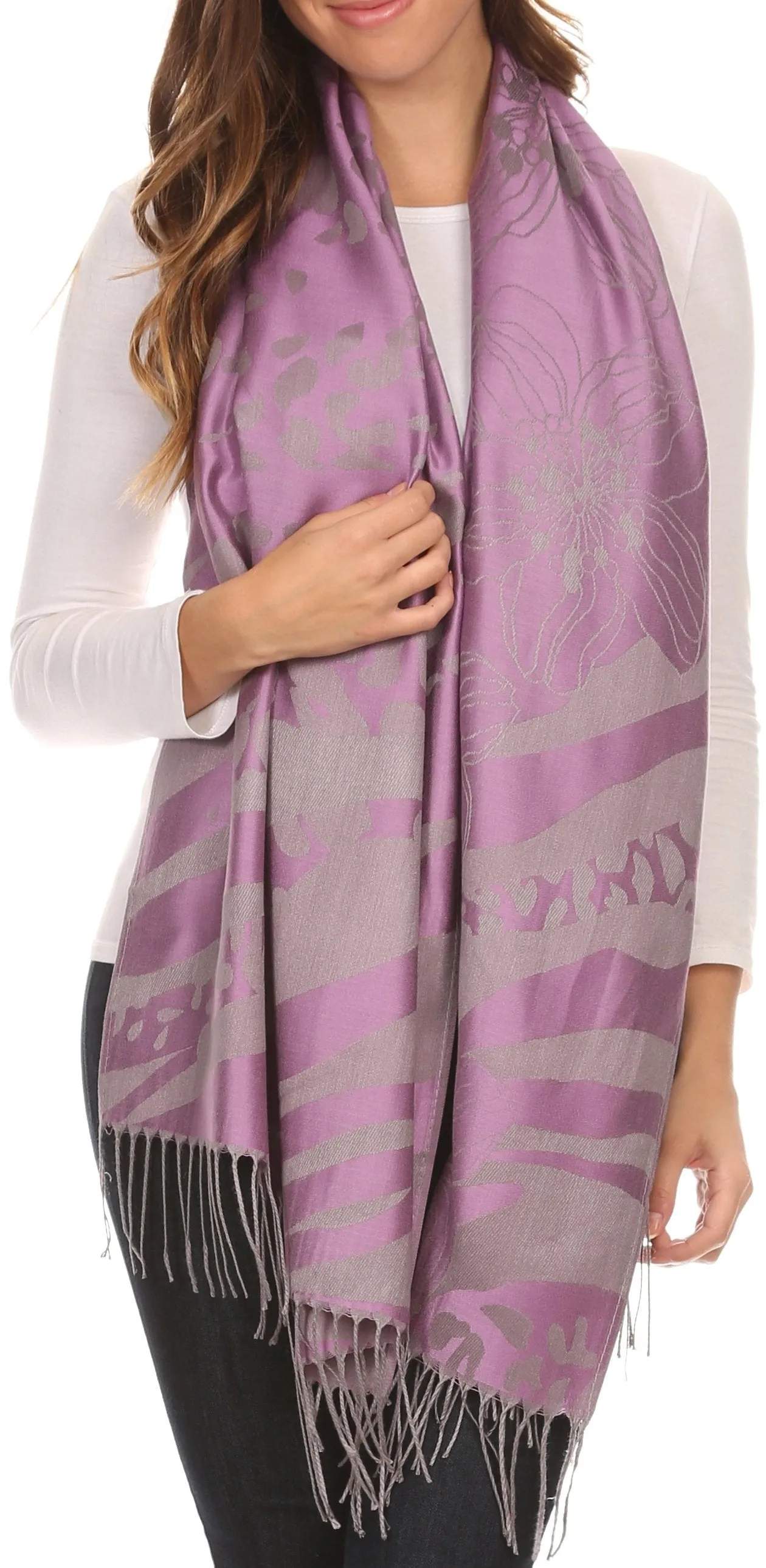 Sakkas Reiley Long Wide Floral Printed Patterened Fringe Pashmina Shawl / Scarf