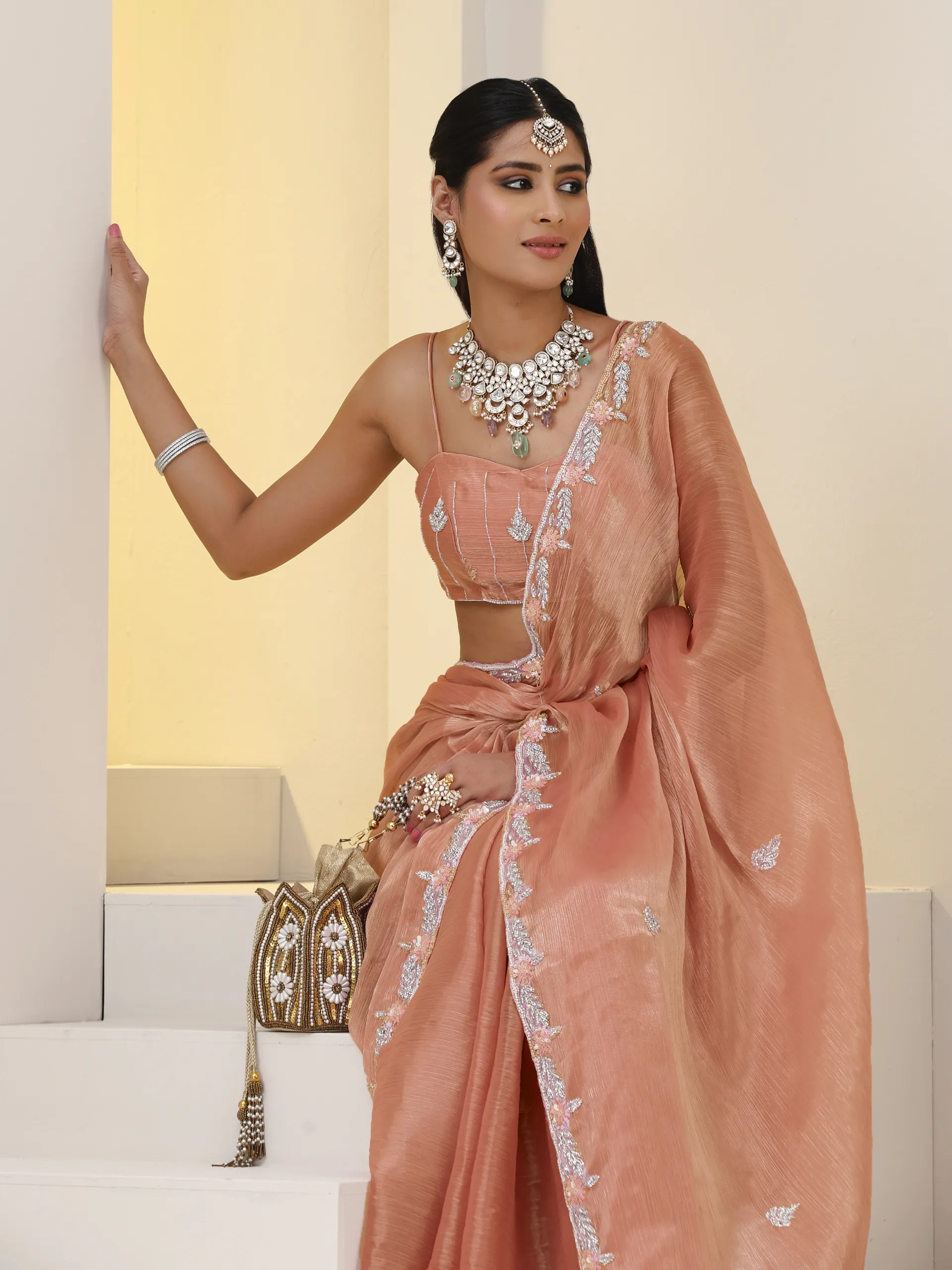 Shades of Peach Pink Hand Sequin Beaded Organza Saree with Blouse Fabric