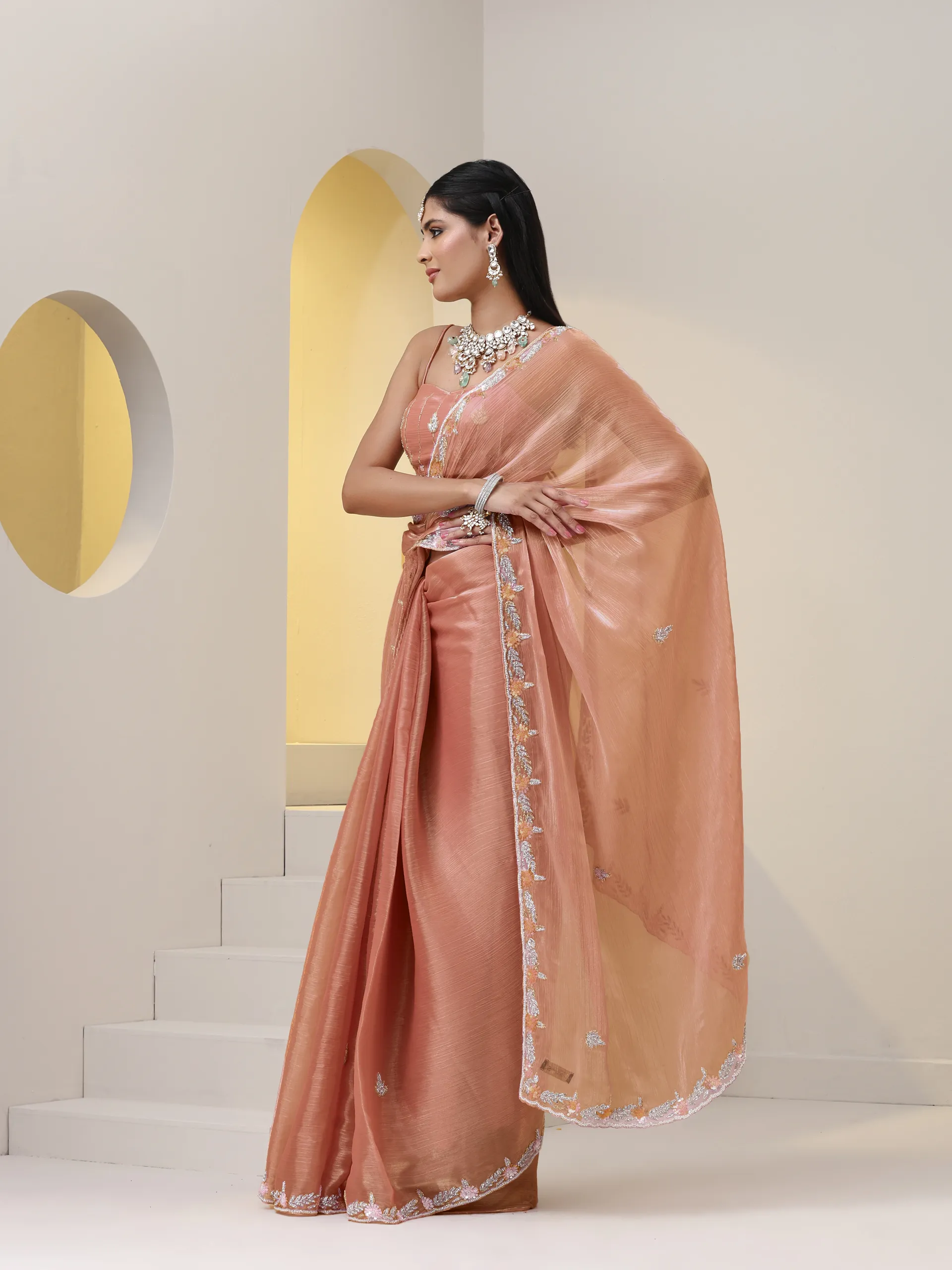 Shades of Peach Pink Hand Sequin Beaded Organza Saree with Blouse Fabric