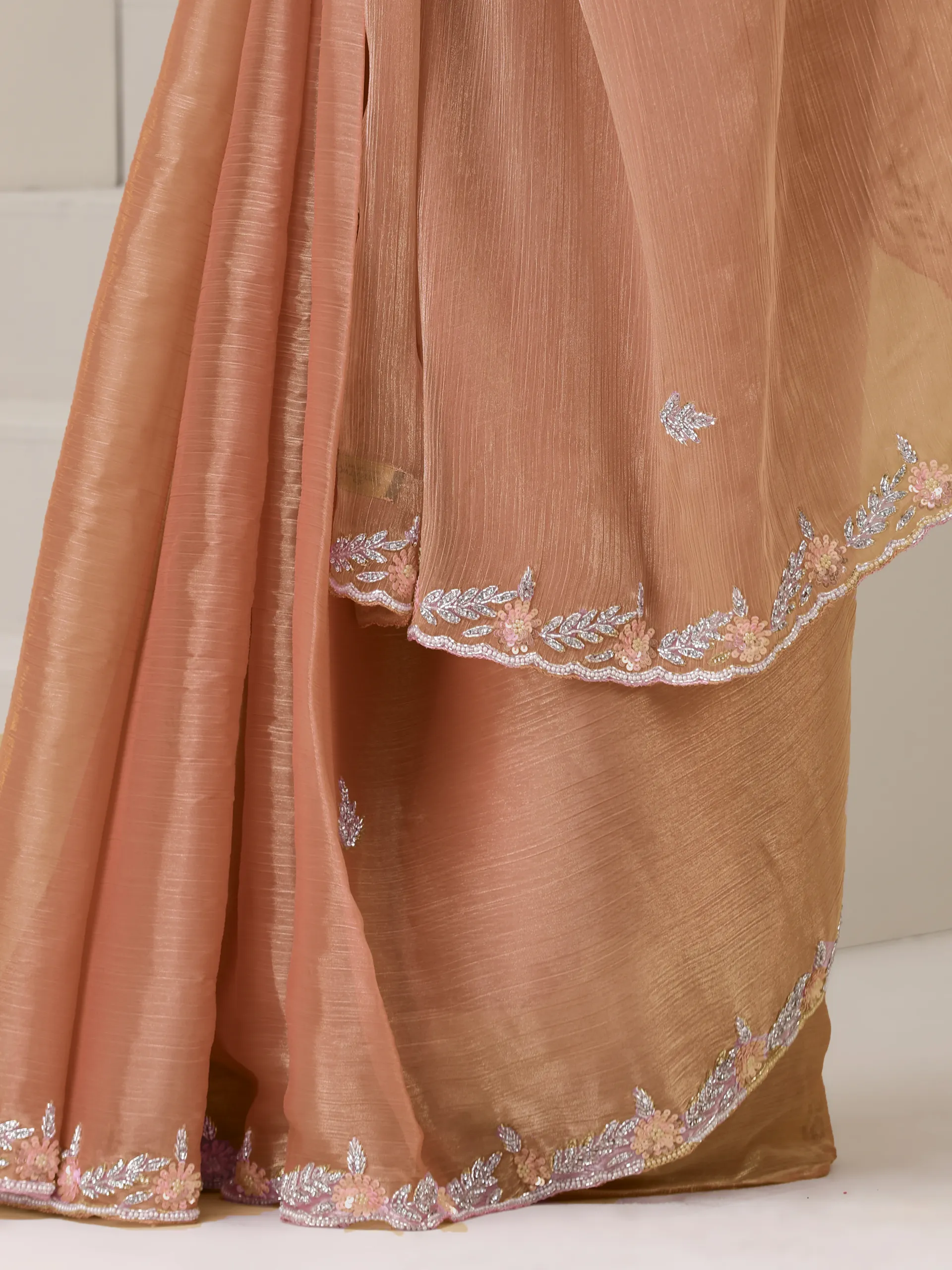 Shades of Peach Pink Hand Sequin Beaded Organza Saree with Blouse Fabric