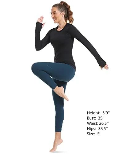 Stelle Women Workout Shirts Seamless Long Sleeve Yoga Tops with Thumb Holes for Sports Running Breathable Athletic Slim Fit (Black,XS)