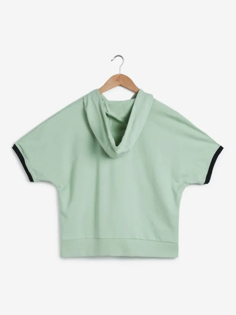 Studiofit Sage Green Printed Hooded Crop T-Shirt