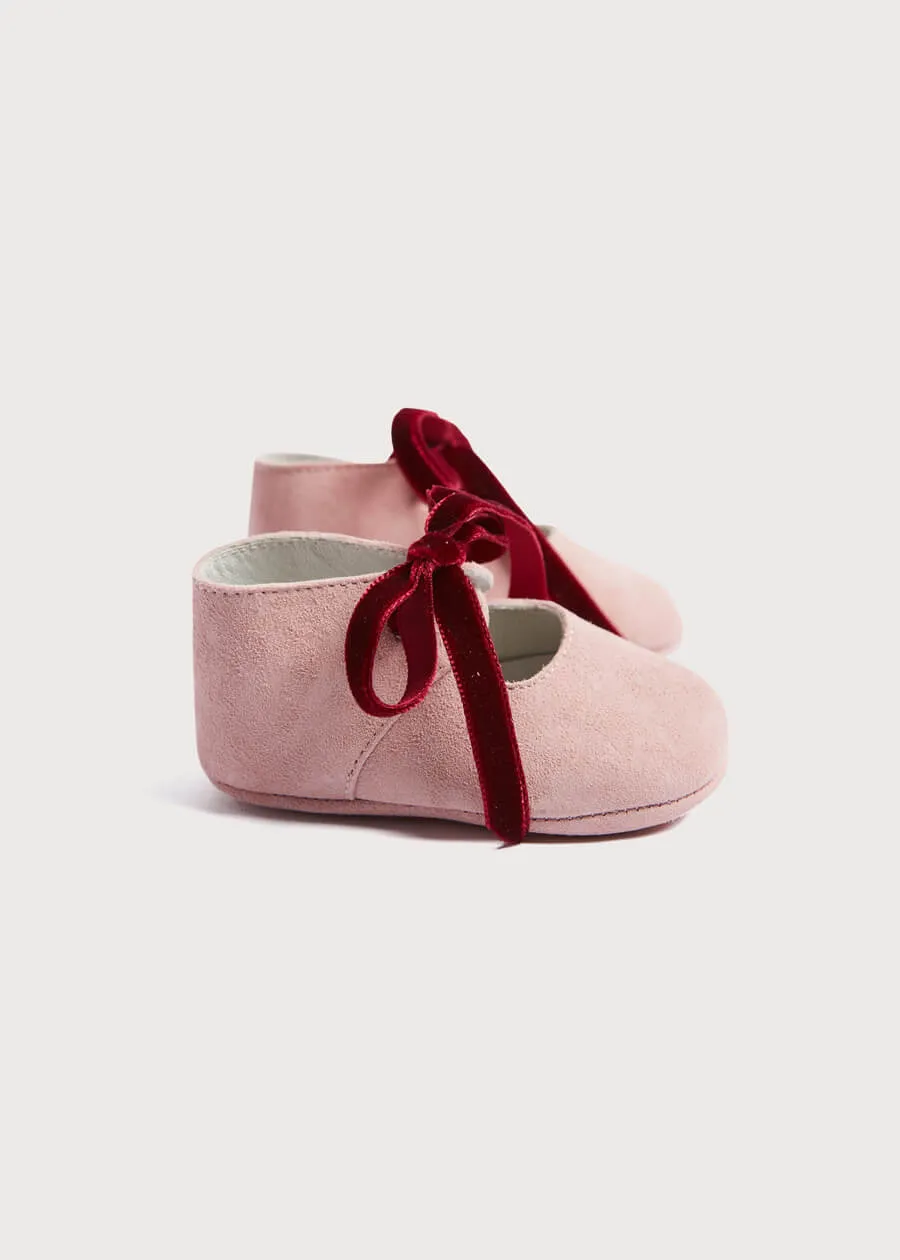 Suede Pink Baby Pram Shoes with Velvet Ribbon (17-20EU)