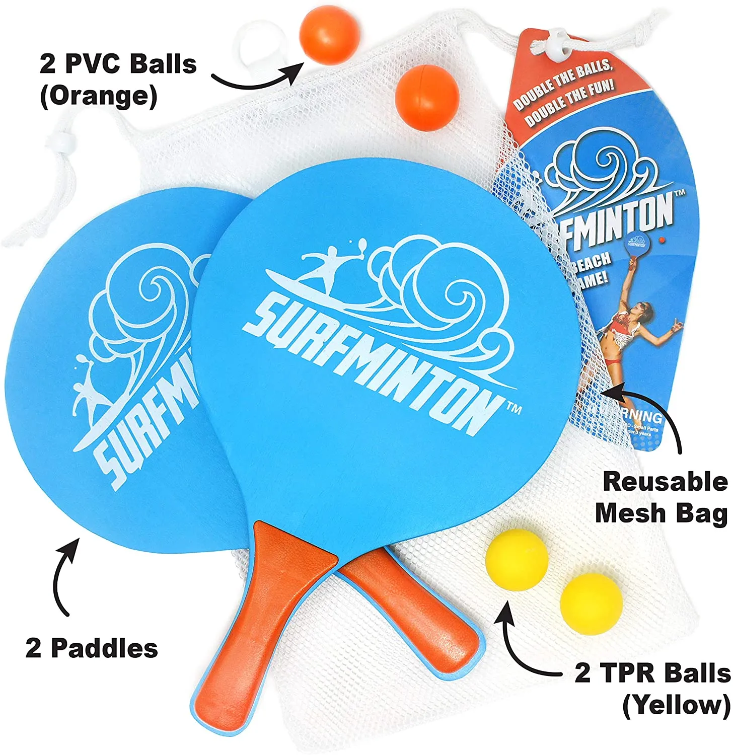 Surfminton Classic Beach Tennis Wooden Paddle Game Set (4 Balls, 2 Thick Water Resistant Wooden Rackets, 1 Reusable Mesh Bag)