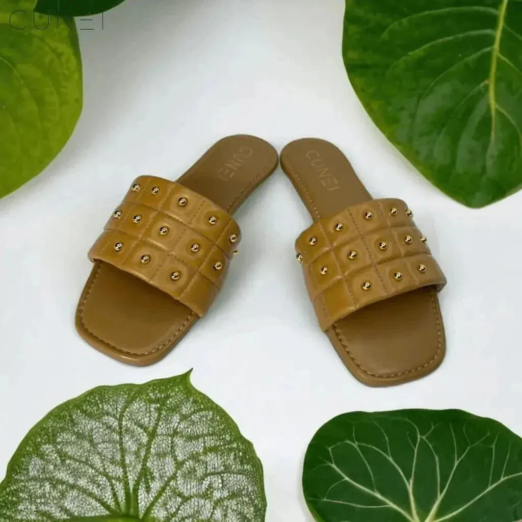 Tan Opulence Buttoned Slides