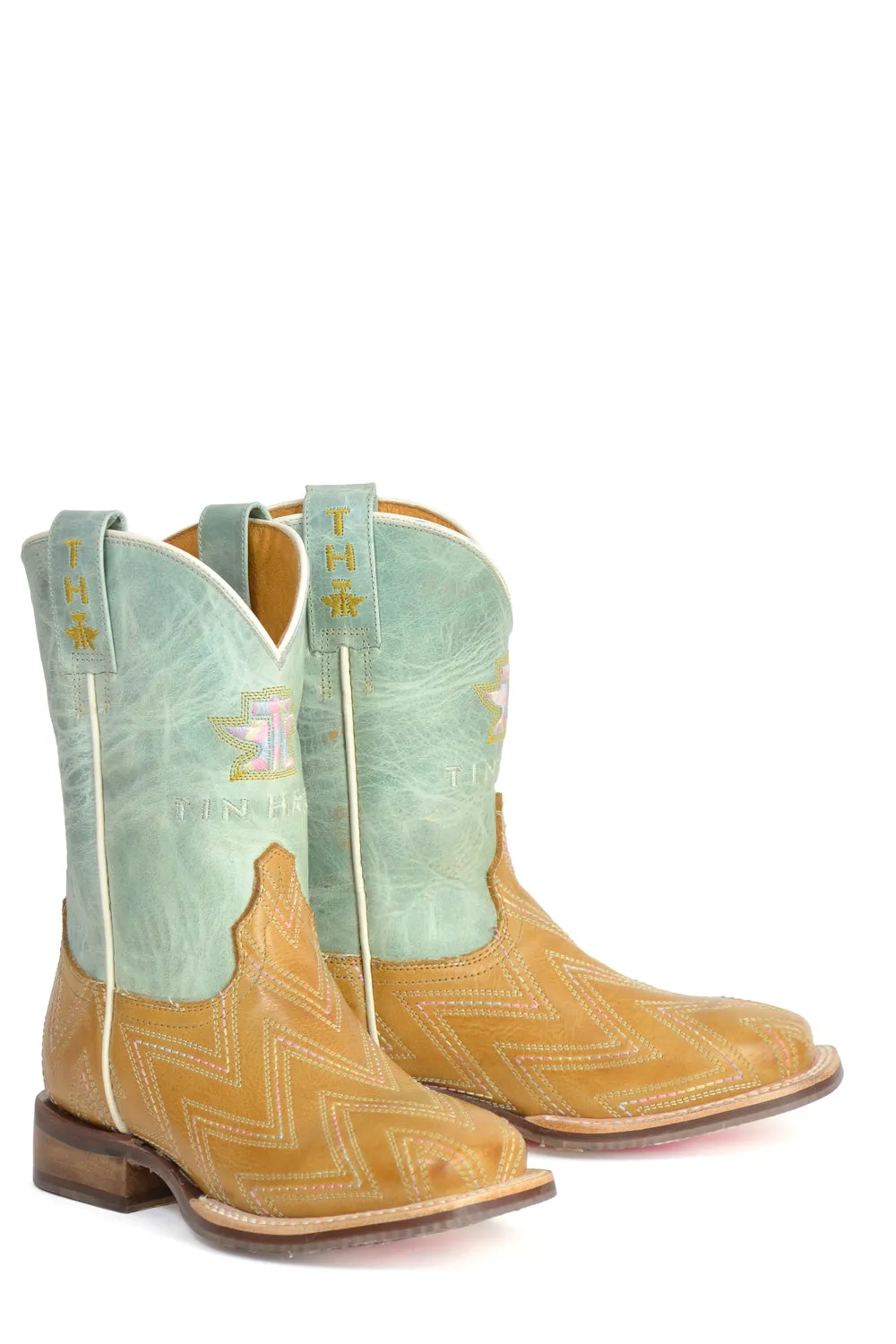 Tin Haul Kids Girls Dancette Cowgirl Tan/Turquoise Leather Cowboy Boots 12