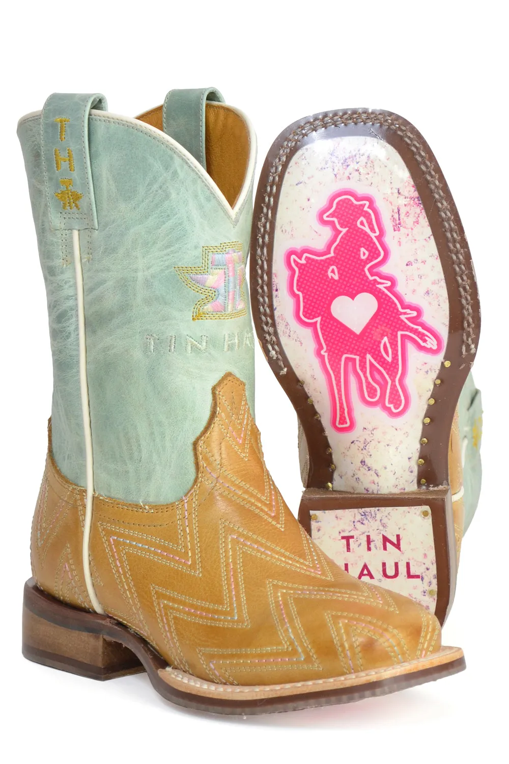 Tin Haul Kids Girls Dancette Cowgirl Tan/Turquoise Leather Cowboy Boots 12