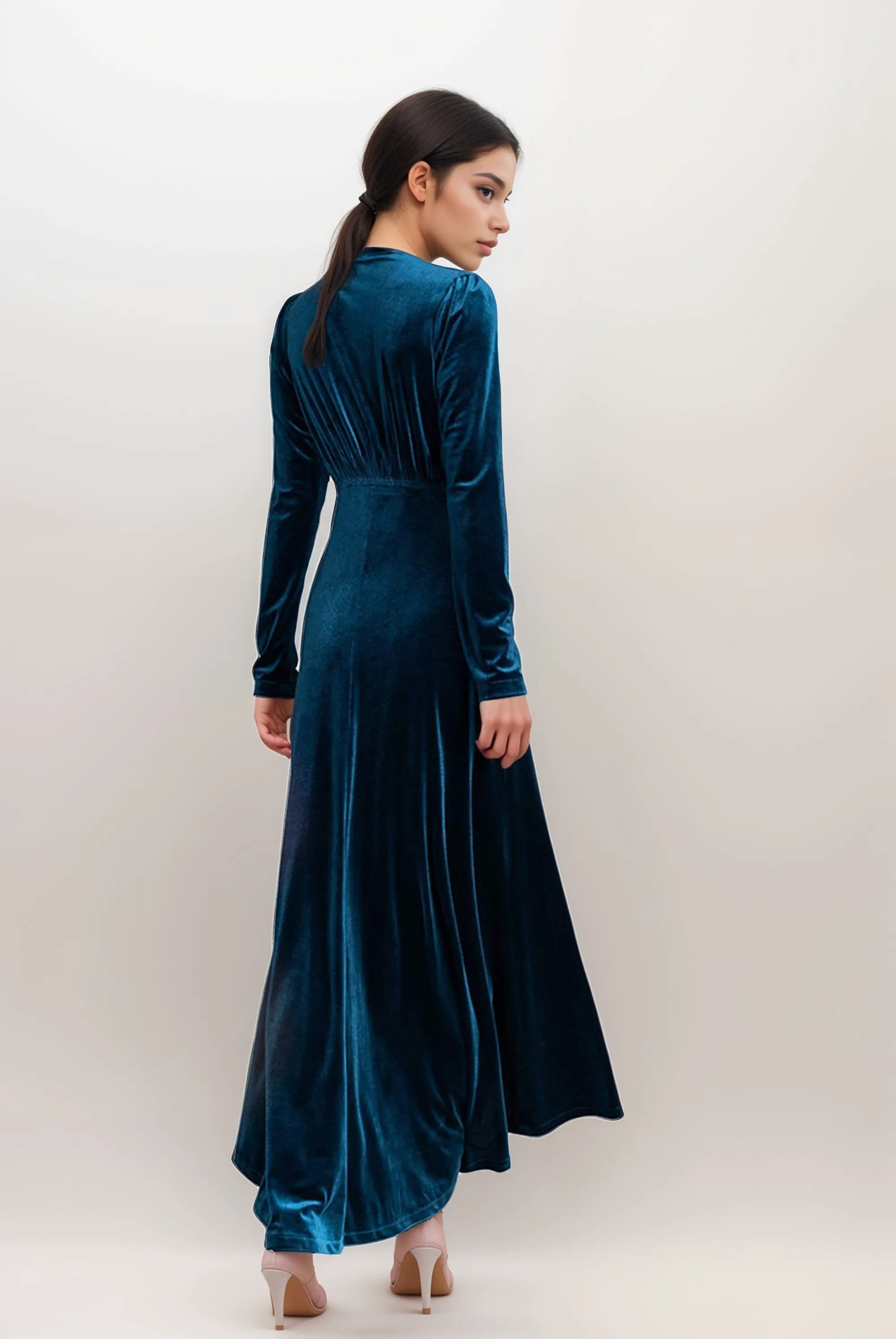 Vintage Velvet V-Neck Long Prom Dress with Ruched Bodice