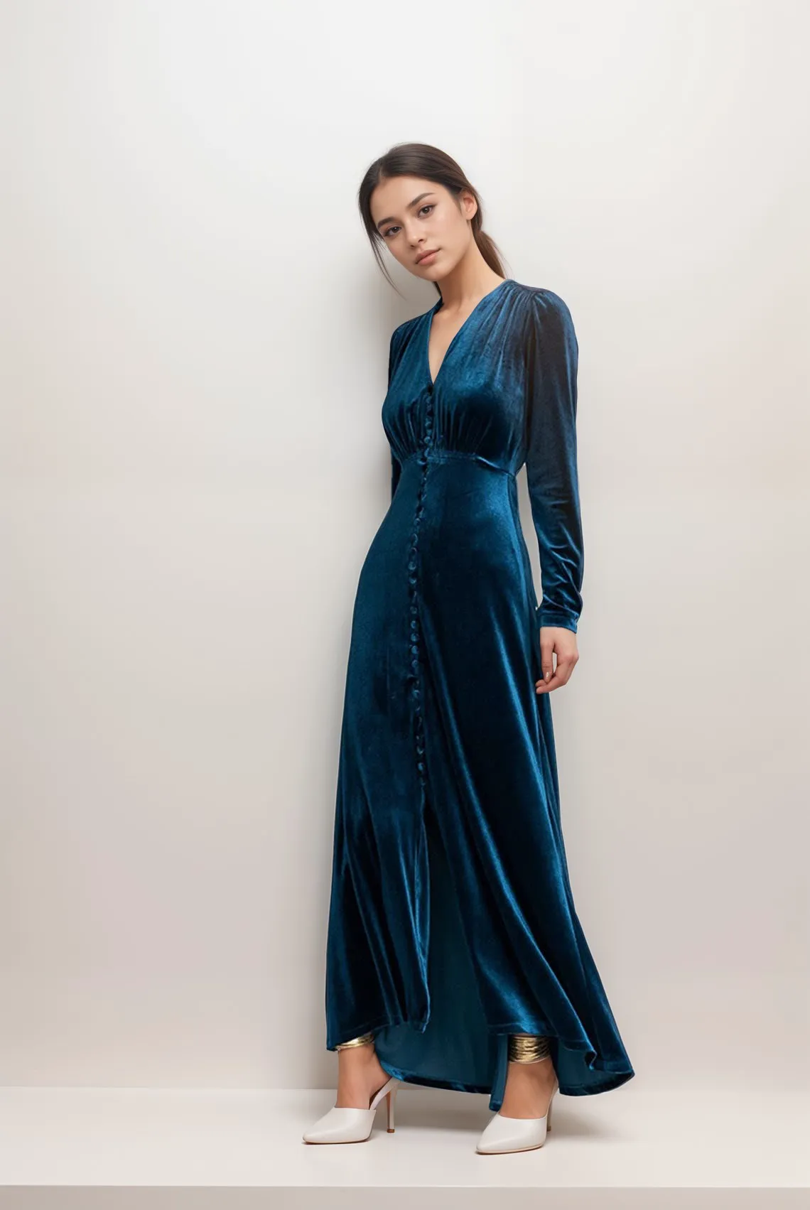 Vintage Velvet V-Neck Long Prom Dress with Ruched Bodice