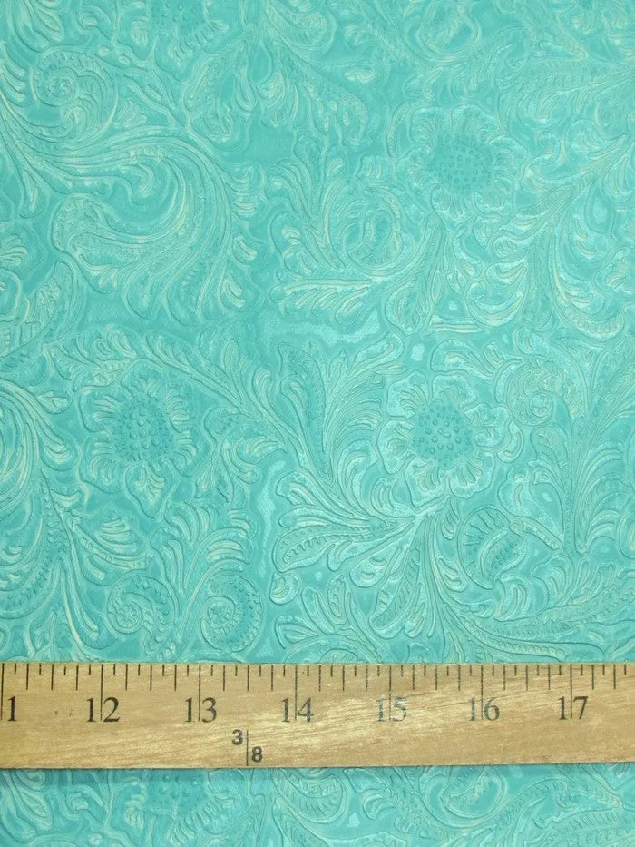 Vintage Western Floral Pu Leather Fabric / Caribbean Blue / By The Roll - 30 Yards